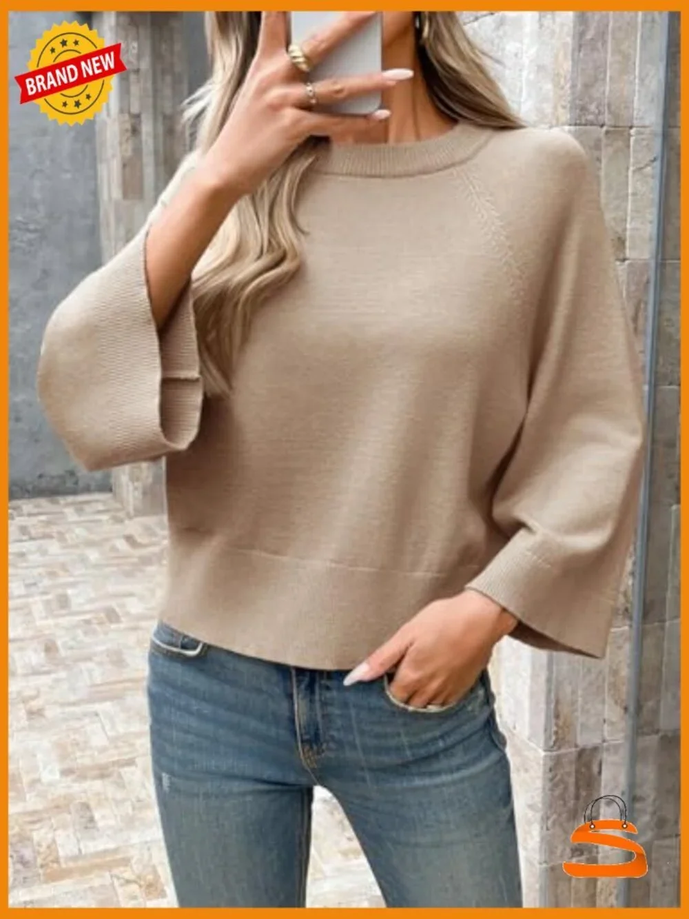 Womens Crew Neck Batwing Sweater 3/4 Sleeve Loose Fit Knit Pullover
